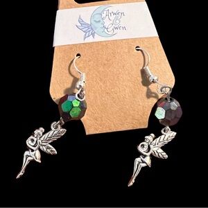 Black Acrylic Gem Like Beaded Earrings With Silver Fairy Charm